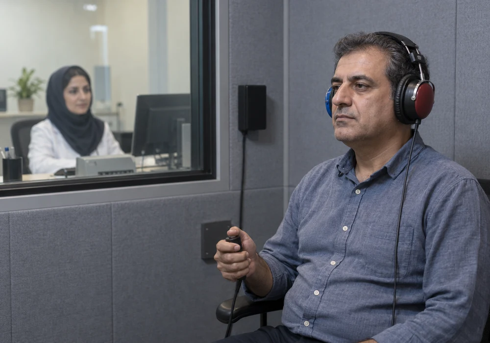 مردی با هدفون شنواییسنجی و دکمه پاسخ در اتاق آزمون