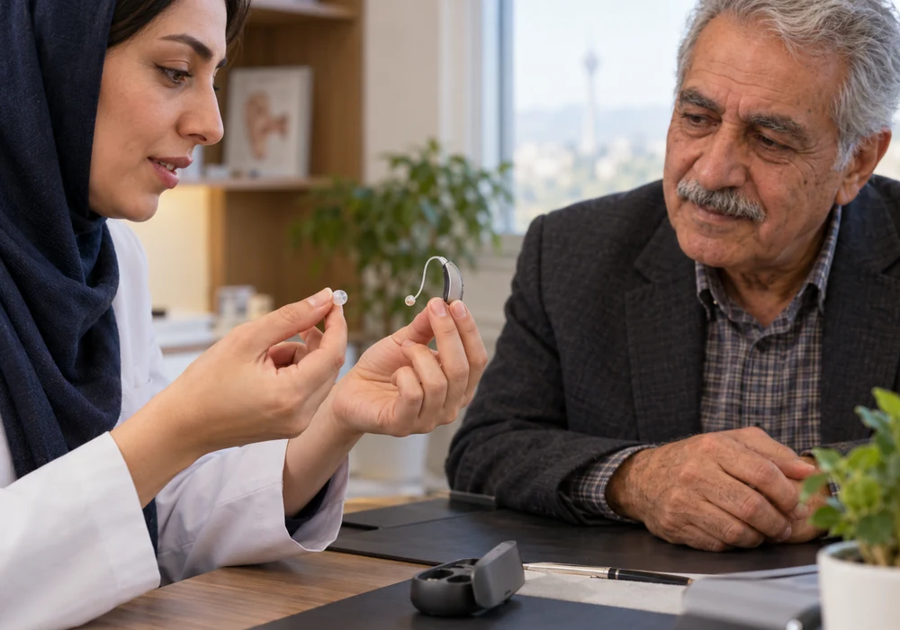توضیح اجزای سمعک توسط شنواییشناس برای مراجعهکننده